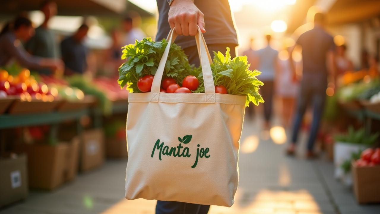 A Manta Joe tote bag filled with fresh produce, carried by someone at a bustling outdoor farmers market, warm sunlight.